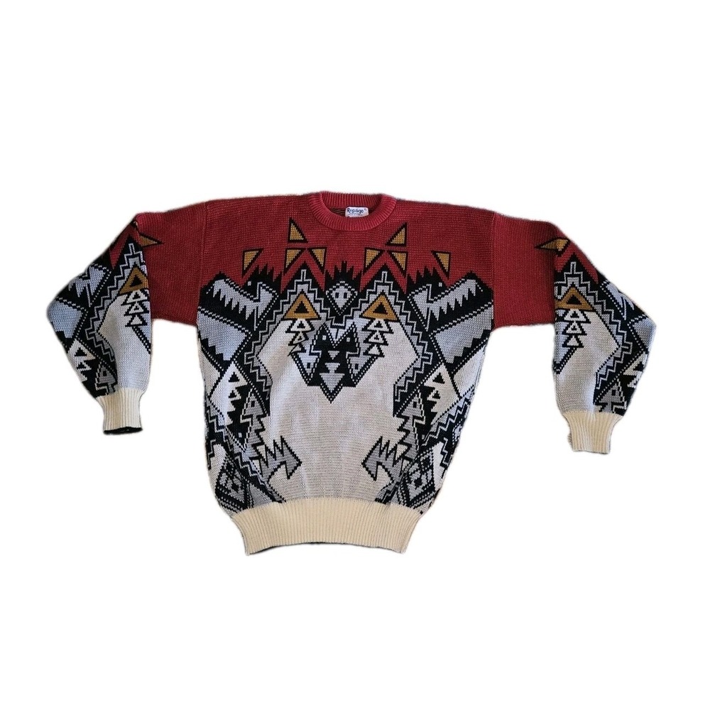 Vintage 80/90 Repage Acrylic Crewneck Knit Sweater Black Red Yello Geometric Xlg
